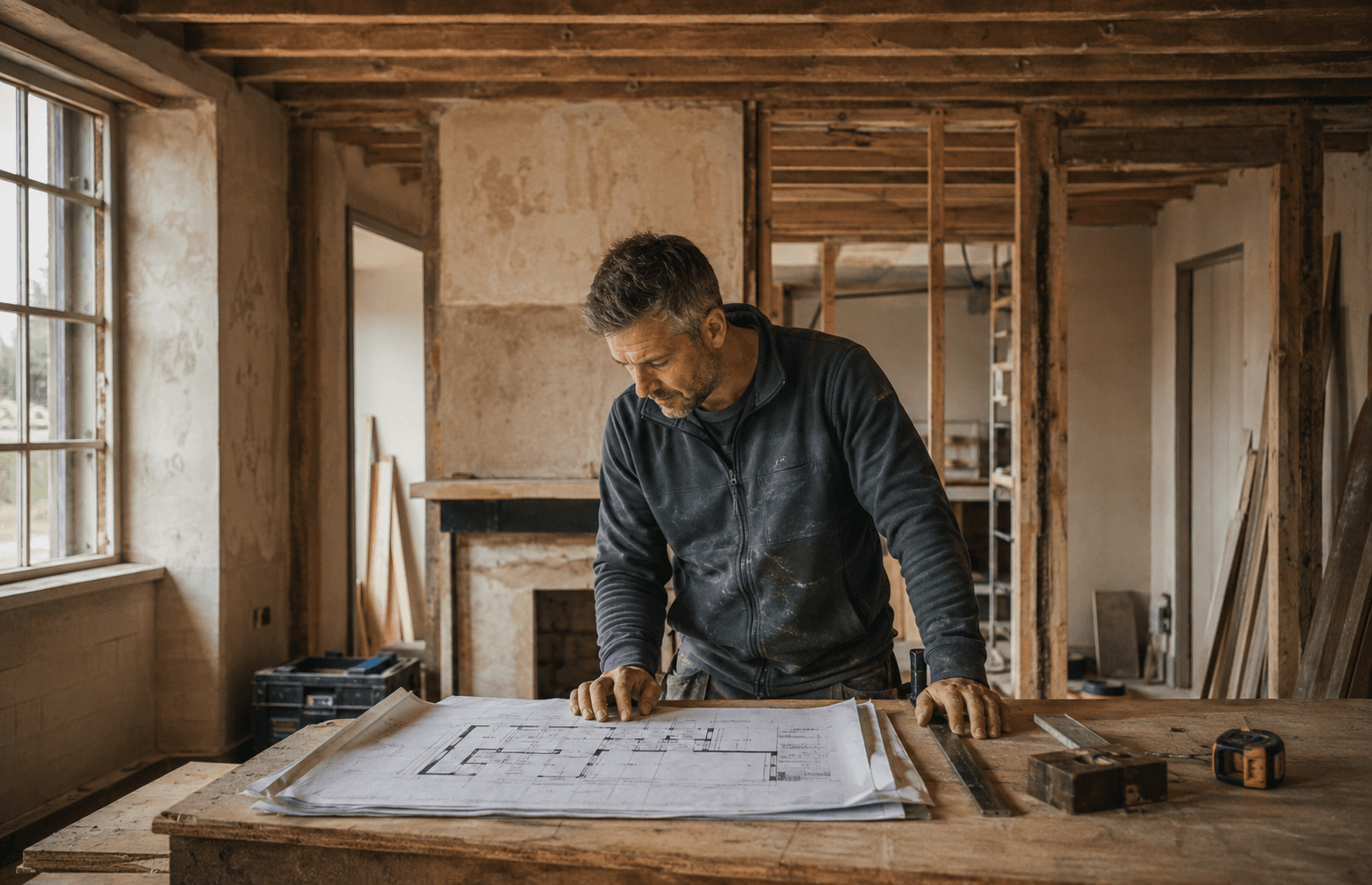 A renovation contractor reviewing architectural plans in a British home