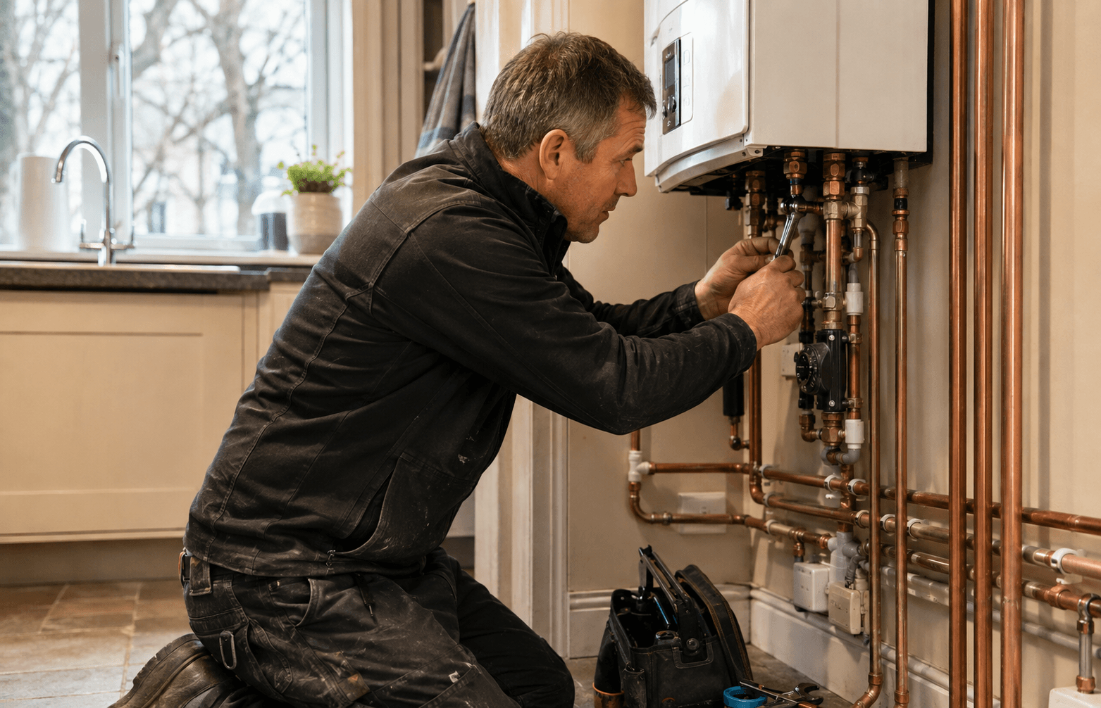 A plumbing and heating engineer fitting pipework beneath a boiler